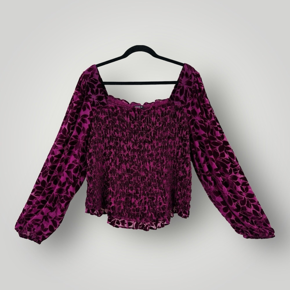 Torrid Velvet Burnout Blouson Sleeve Crop Ruched Top Womens Sz 3 3X (22-24)
